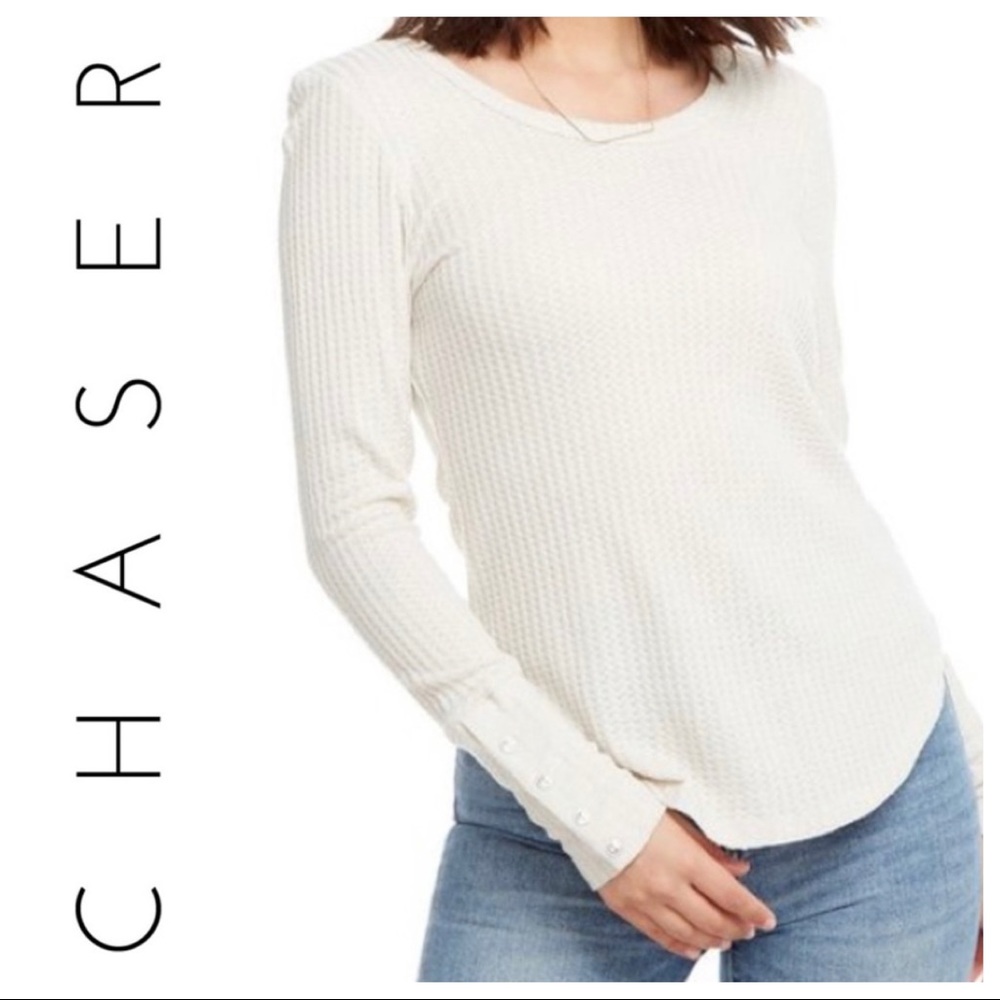 Chaser Long Sleeve Waffle Knit Top Small Cream